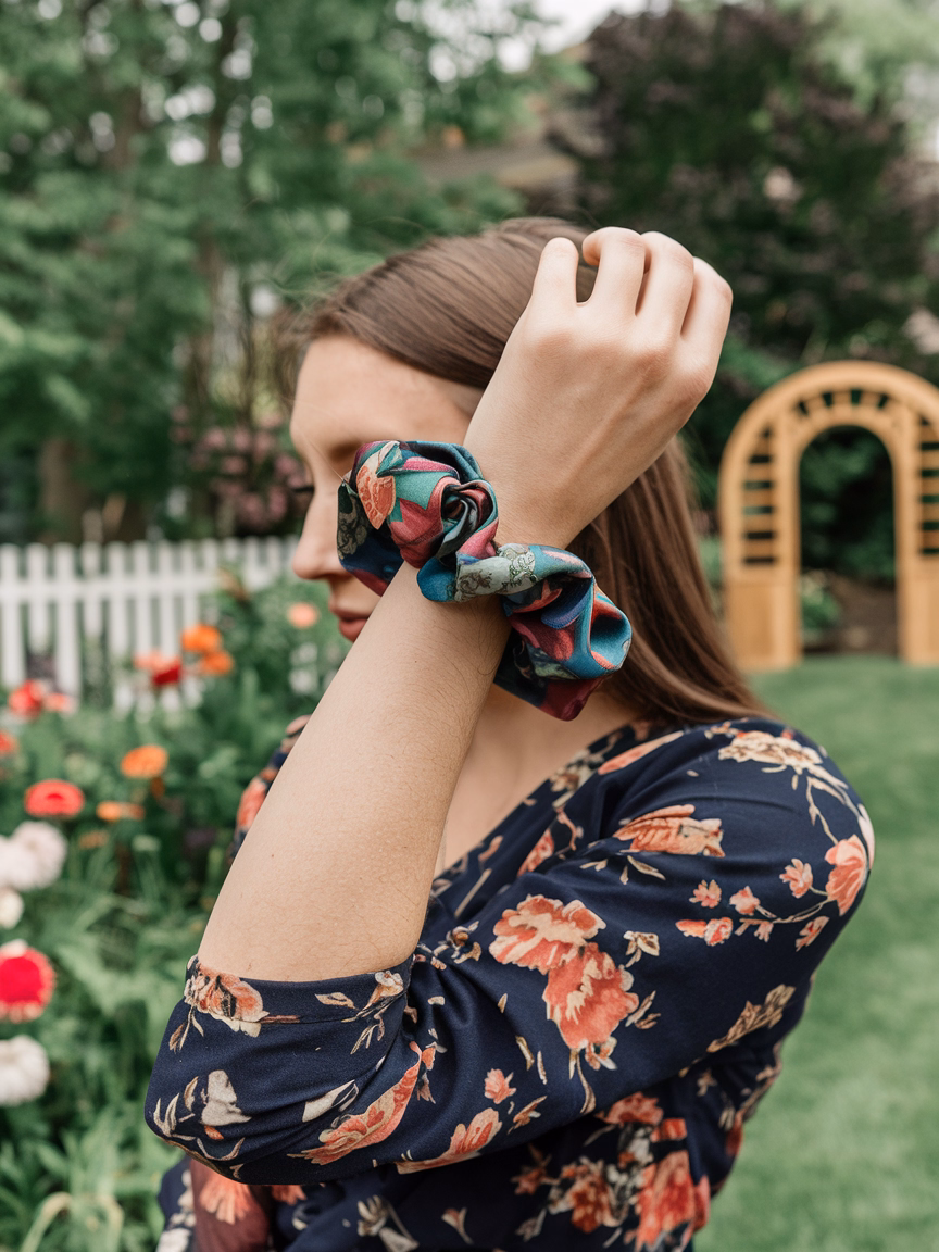 a woman in a floral print dress accessorized with a silk floral scrunchie, showcasing a vibrant and stylish look