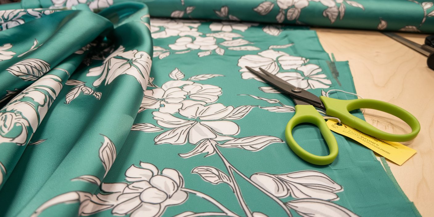 a pair of scissors rest on a green and white floral fabric, showcasing a vibrant and intricate design