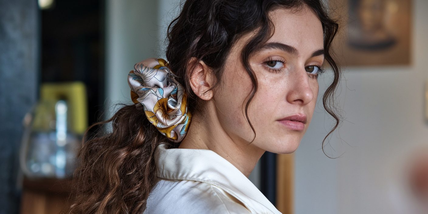 a woman wearing a hair tie on her head, showcasing a casual and stylish look