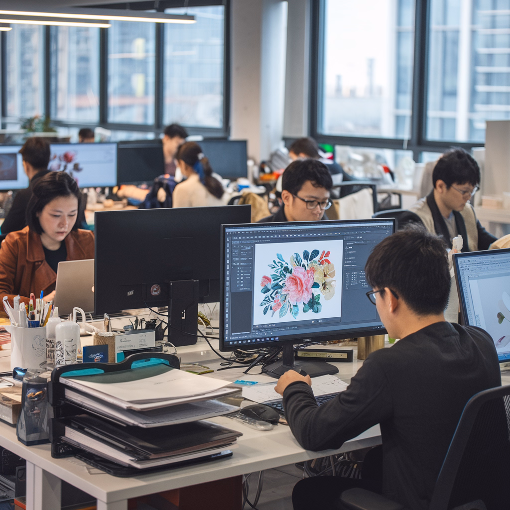 a diverse group of professionals collaborating on computers in a modern office environment