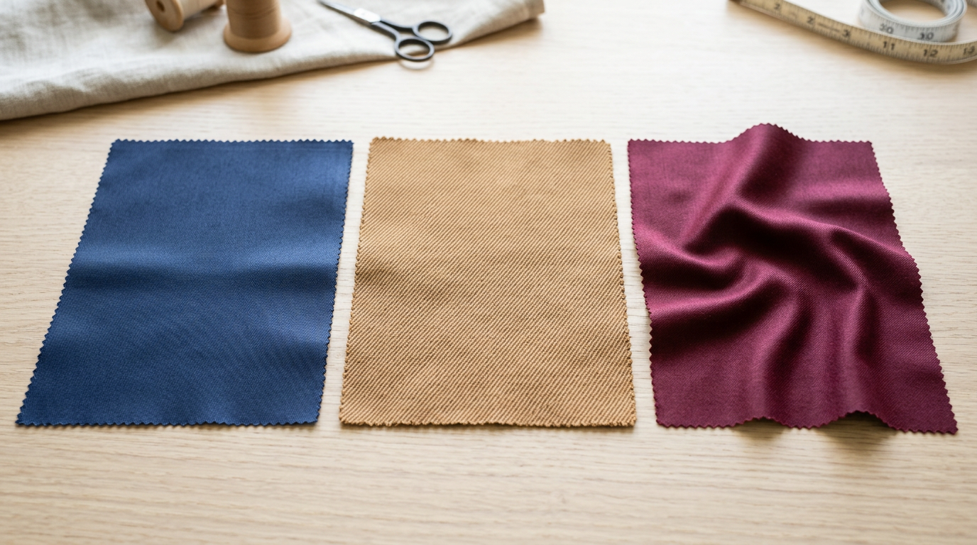 Three twill fabric swatches compared side by side showing polyester twill, cotton twill, and silk twill differences