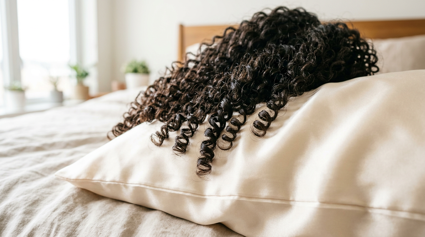 El pelo rizado reposa sobre una funda de almohada de seda durante toda la noche